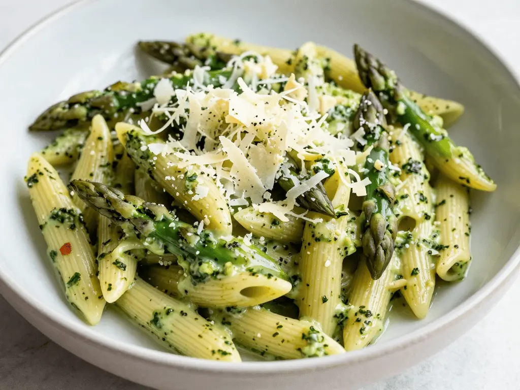 Creamy Asparagus Pesto Pasta with Parmesan Cheese