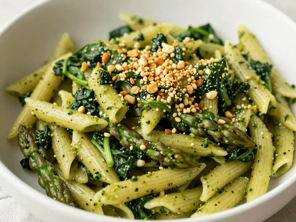 Vegan Asparagus Pesto Pasta with Spinach and Nutritional Yeast